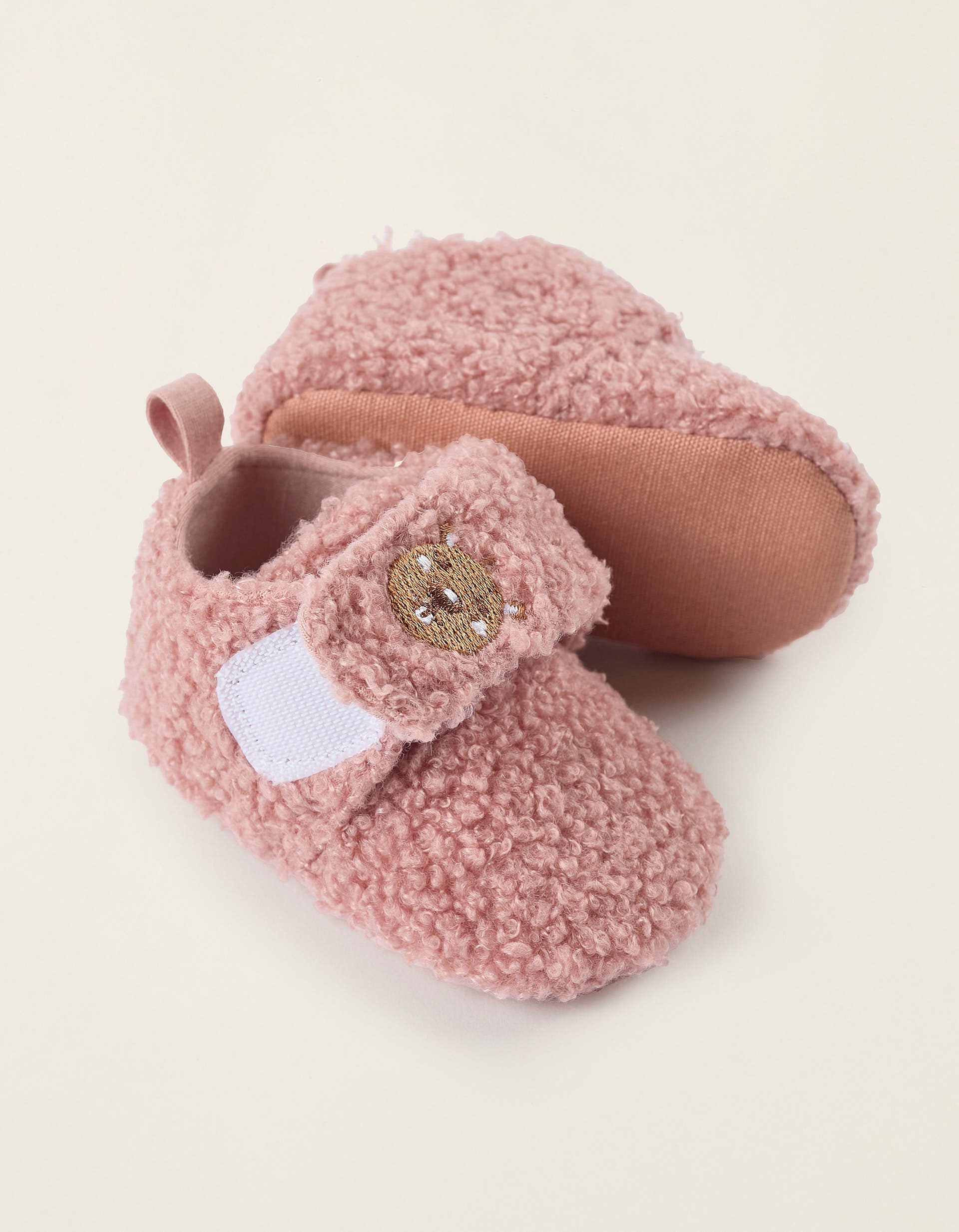 Sherpa Shoes with Embroidery for Newborn Girls, Pink