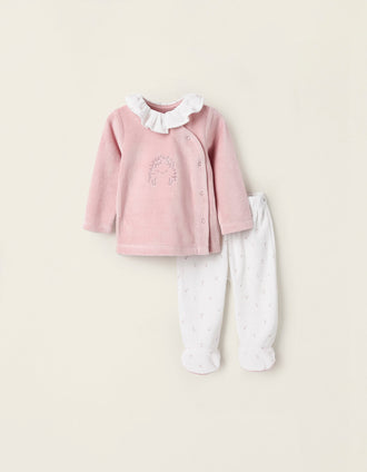 Pijama de Terciopelo para Recién Nacida 'Erizo', Rosa/Blanco