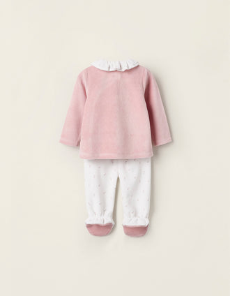 Pijama de Veludo para Recém-Nascida 'Ouriço', Rosa/Branco