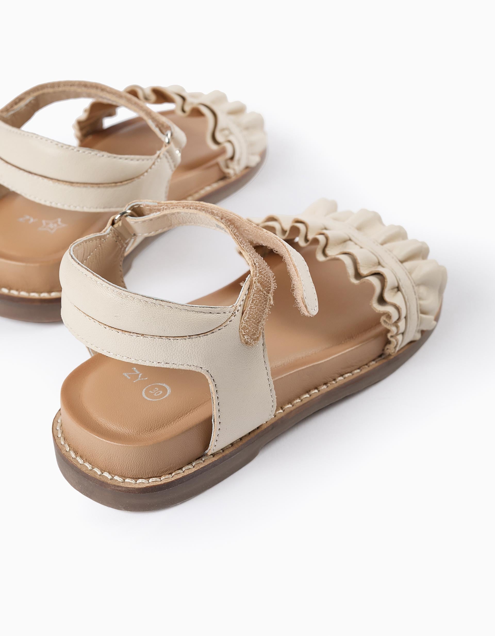 Leather Sandals with Ruffles for Girls, Beige