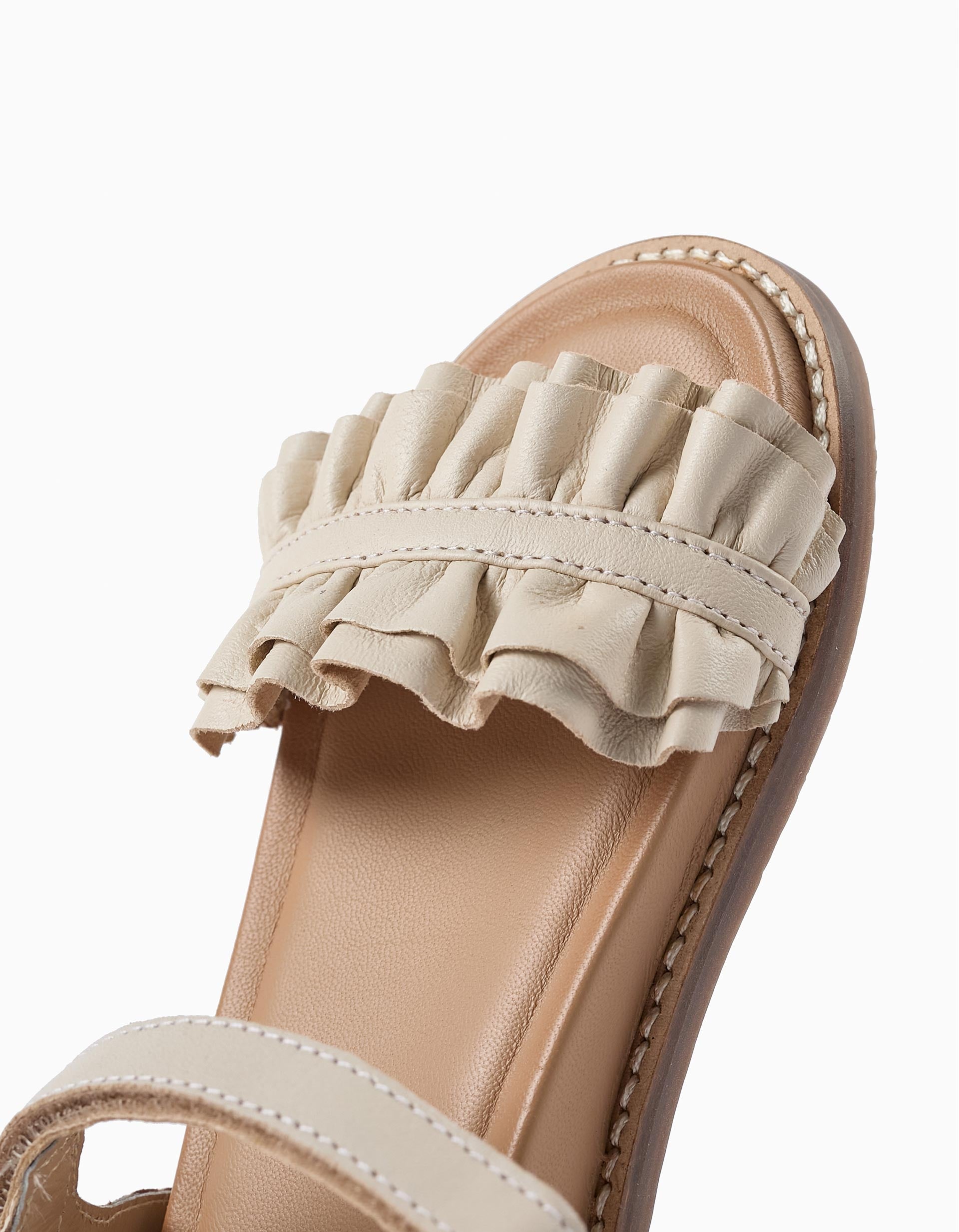 Leather Sandals with Ruffles for Girls, Beige