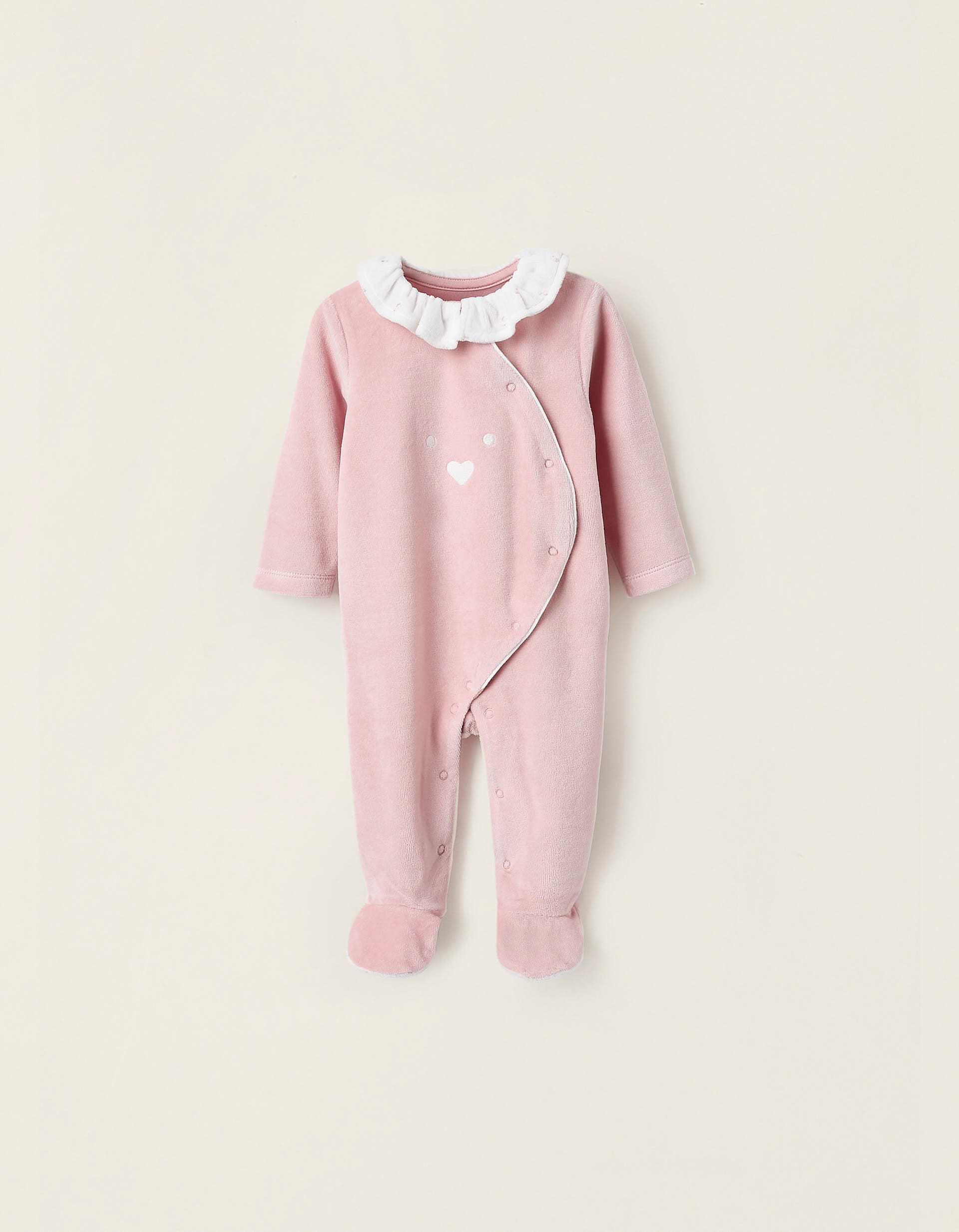 Velours Sleepsuit with Ruffles and Embroidery for Newborn Girls, pink