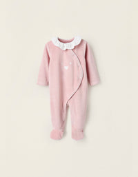 Pelele de Terciopelo con Volantes y Bordados para Recién Nacida, Rosa