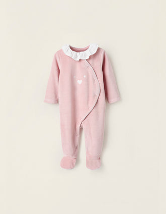 Pelele de Terciopelo con Volantes y Bordados para Recién Nacida, Rosa