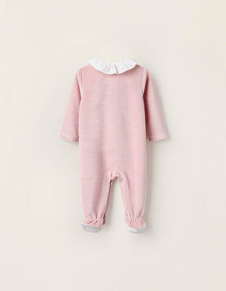 Pelele de Terciopelo con Volantes y Bordados para Recién Nacida, Rosa