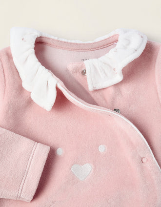 Pelele de Terciopelo con Volantes y Bordados para Recién Nacida, Rosa