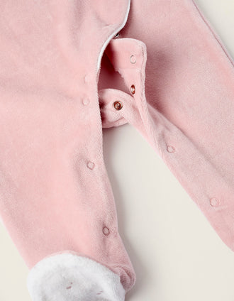 Pelele de Terciopelo con Volantes y Bordados para Recién Nacida, Rosa