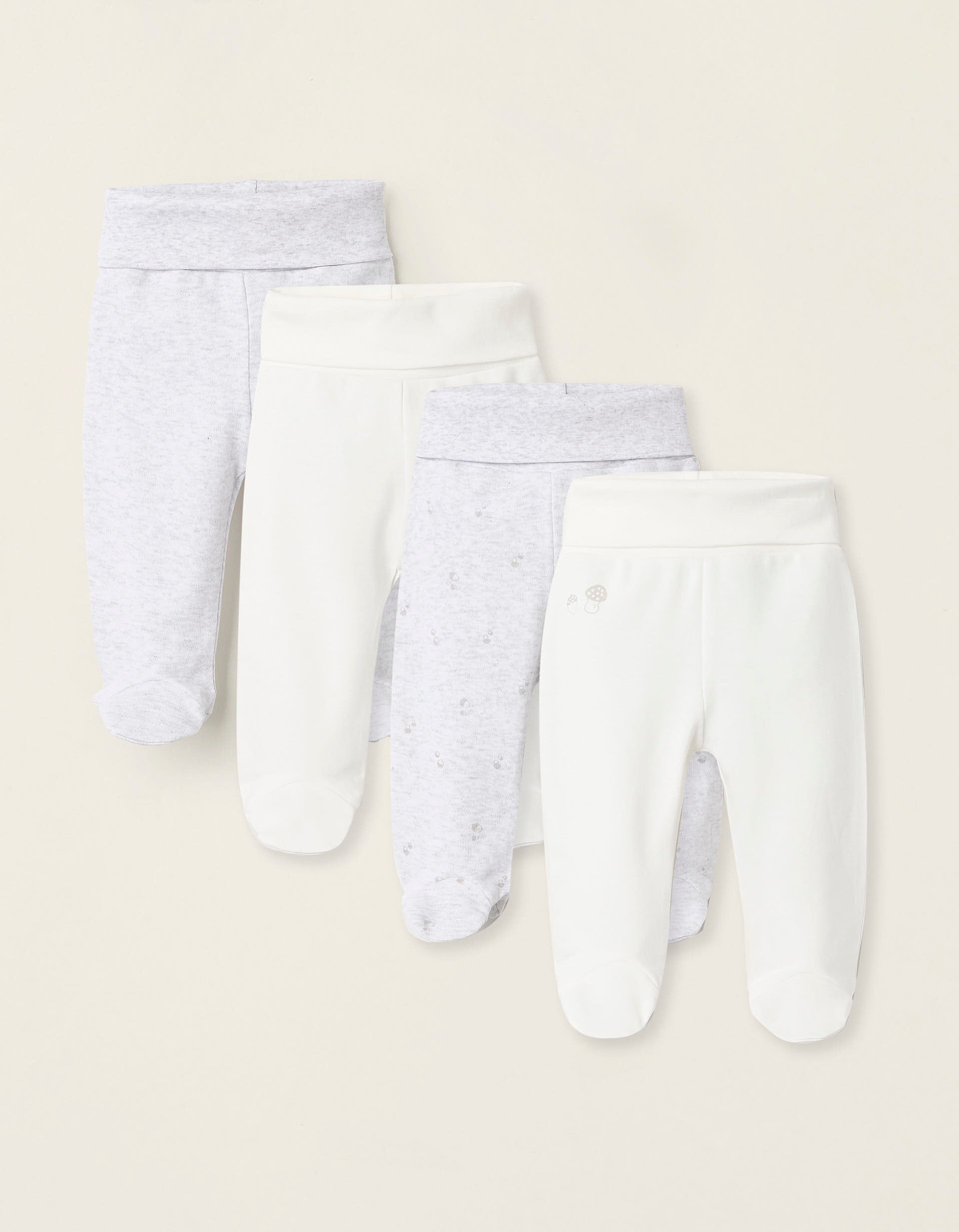 Pack of 4 Footed Trousers for Babies 'Mushrooms', White/Grey