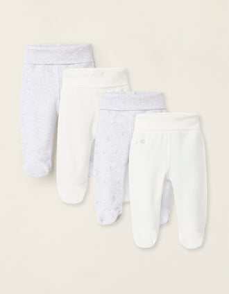 Pack 4 Pantalones con Pies para Bebé 'Cogumelos', Blanco/Gris