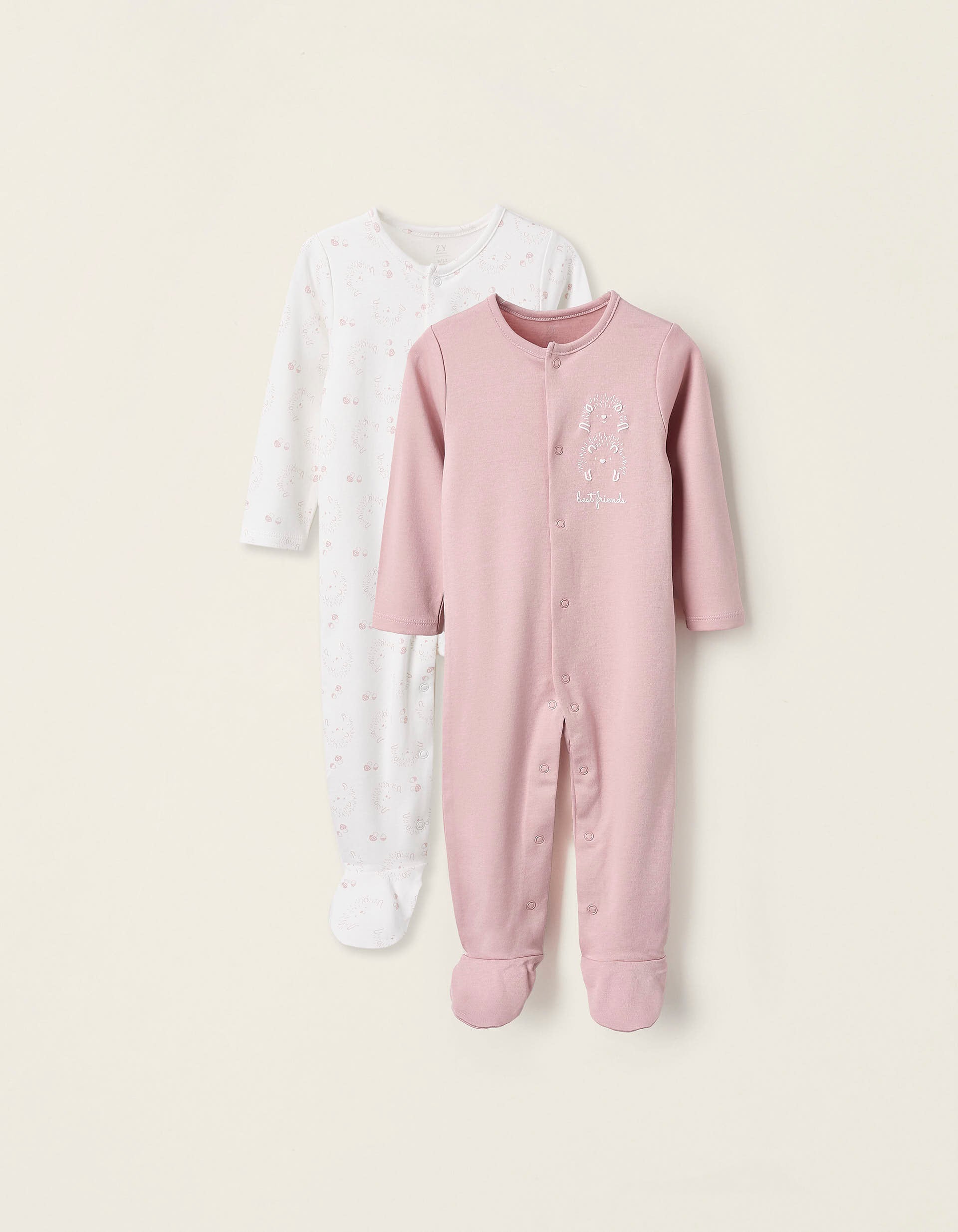 Pack of 2 Cotton Sleepsuits for Baby Girls 'Hedgehog', White/Pink