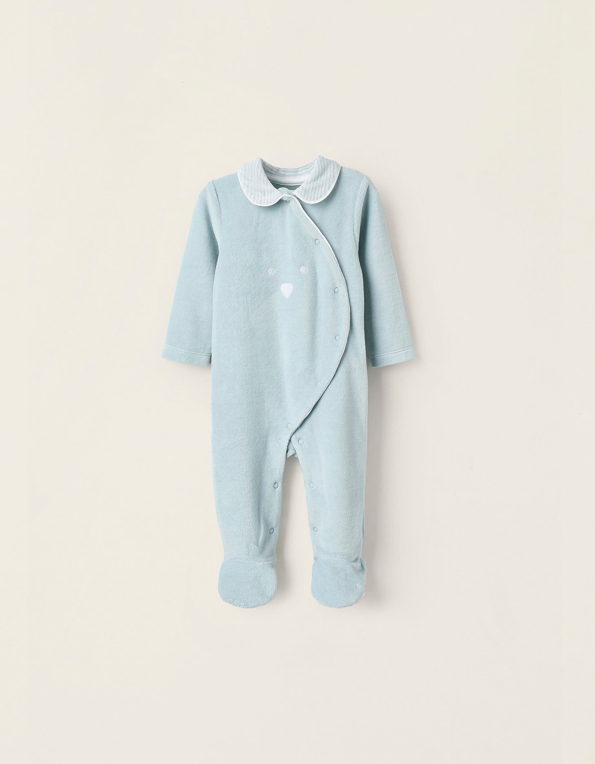 Velours Sleepsuit with Ruffles and Embroidery for Newborns, Blue