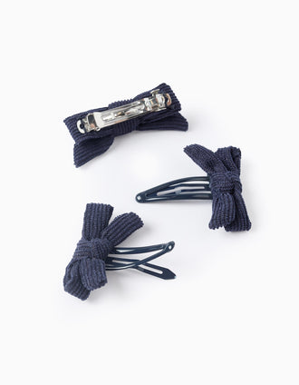 Pack 1 Pasador + 2 Horquillas con Lazos para Bebé y Niña, Azul Oscuro