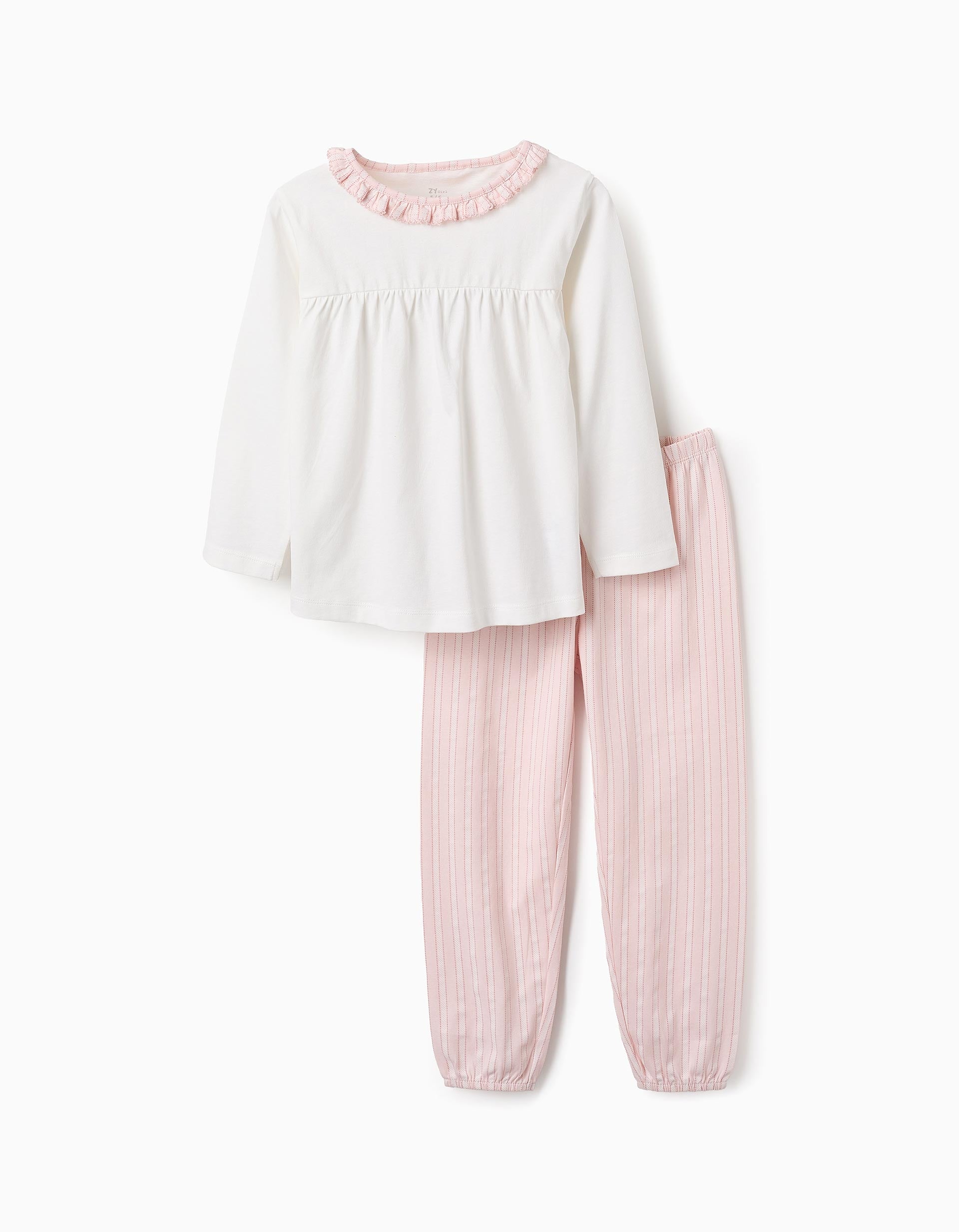 Cotton Pyjama with Frills and Stripes for Girls, Pink/White