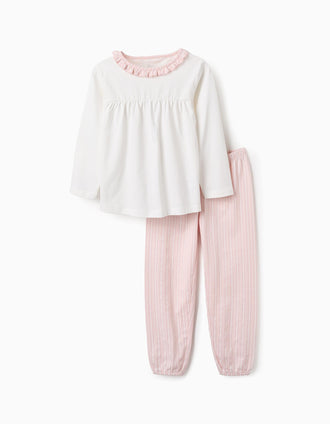 Pijama de Algodão com Folhos e Riscas para Menina, Rosa/Branco
