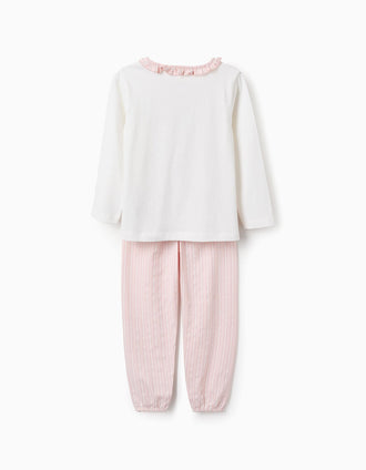 Pijama de Algodão com Folhos e Riscas para Menina, Rosa/Branco