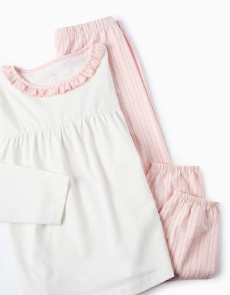 Pijama de Algodão com Folhos e Riscas para Menina, Rosa/Branco