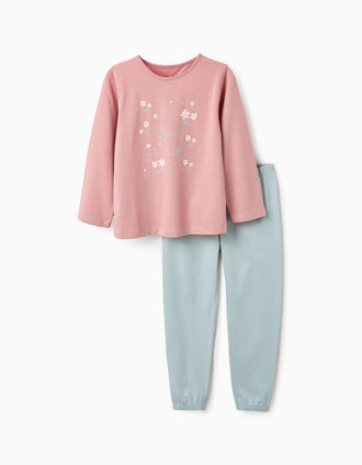 Pijama de Algodón para Niña 'Flores', Rosa/Azul