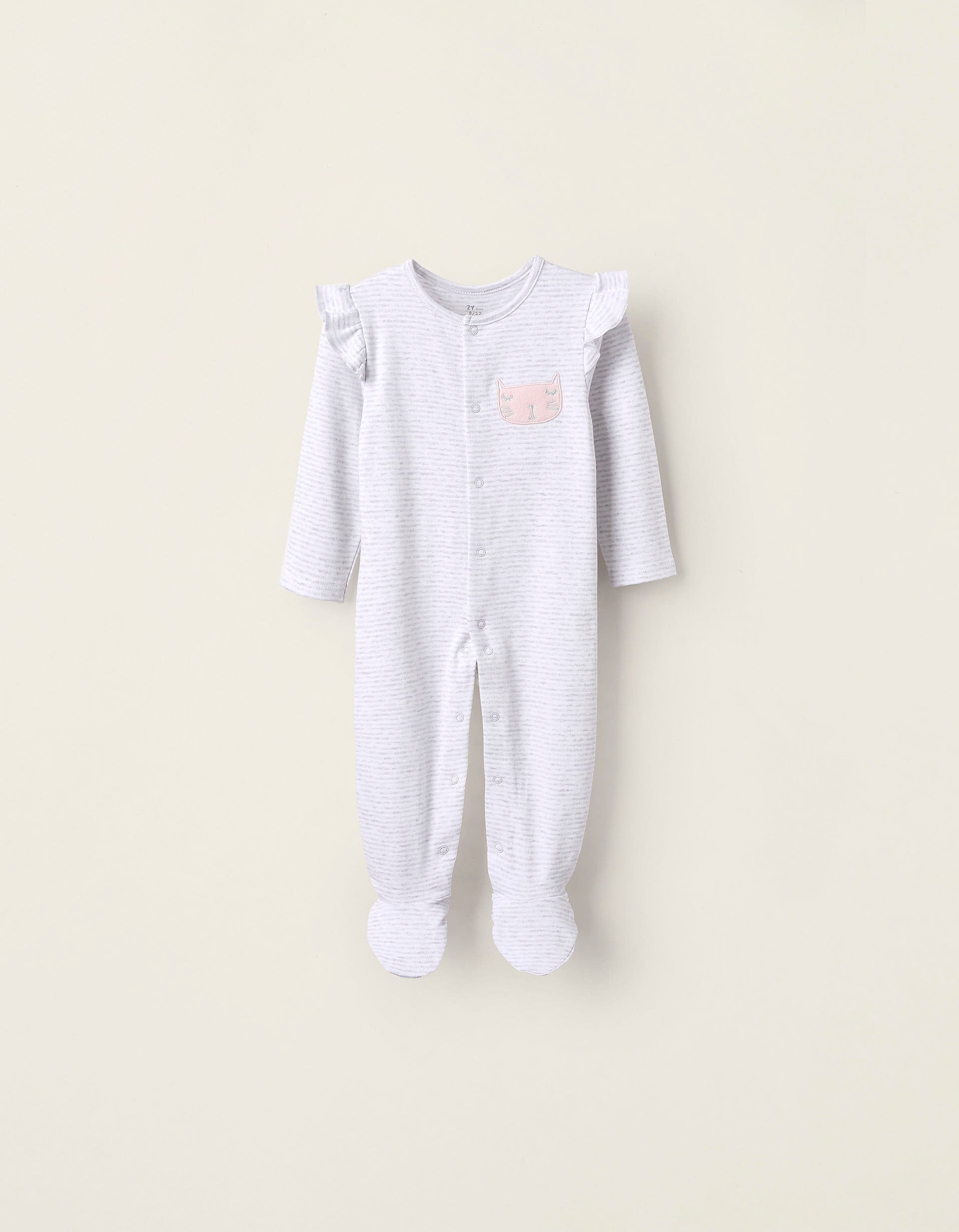 Striped Cotton Sleepsuit for Baby Girls, White/Grey