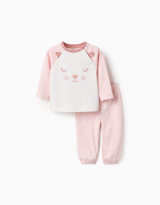 Pijama de Algodão para Bebé Menina 'Gata', Rosa/Branco