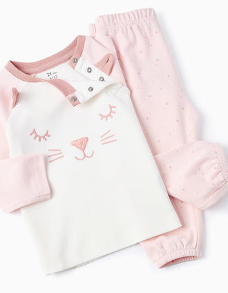 Pijama de Algodão para Bebé Menina 'Gata', Rosa/Branco