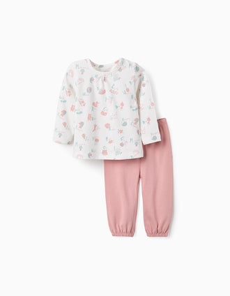 Pijama de Algodão para Bebé Menina 'Floresta', Branco/Rosa