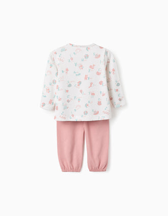 Pijama de Algodão para Bebé Menina 'Floresta', Branco/Rosa