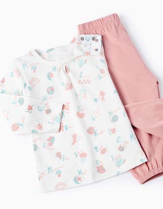 Pijama de Algodão para Bebé Menina 'Floresta', Branco/Rosa