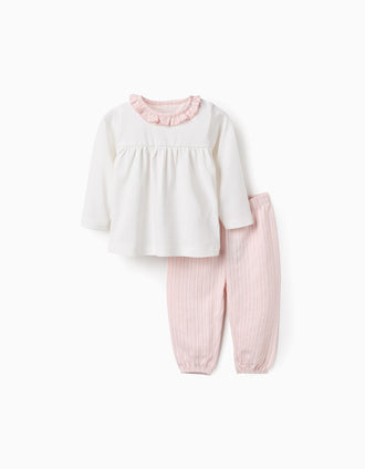 Pijama de Algodão com Folhos e Riscas para Bebé Menina, Rosa/Branco
