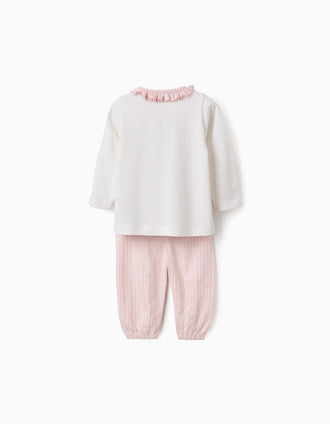 Pijama de Algodão com Folhos e Riscas para Bebé Menina, Rosa/Branco