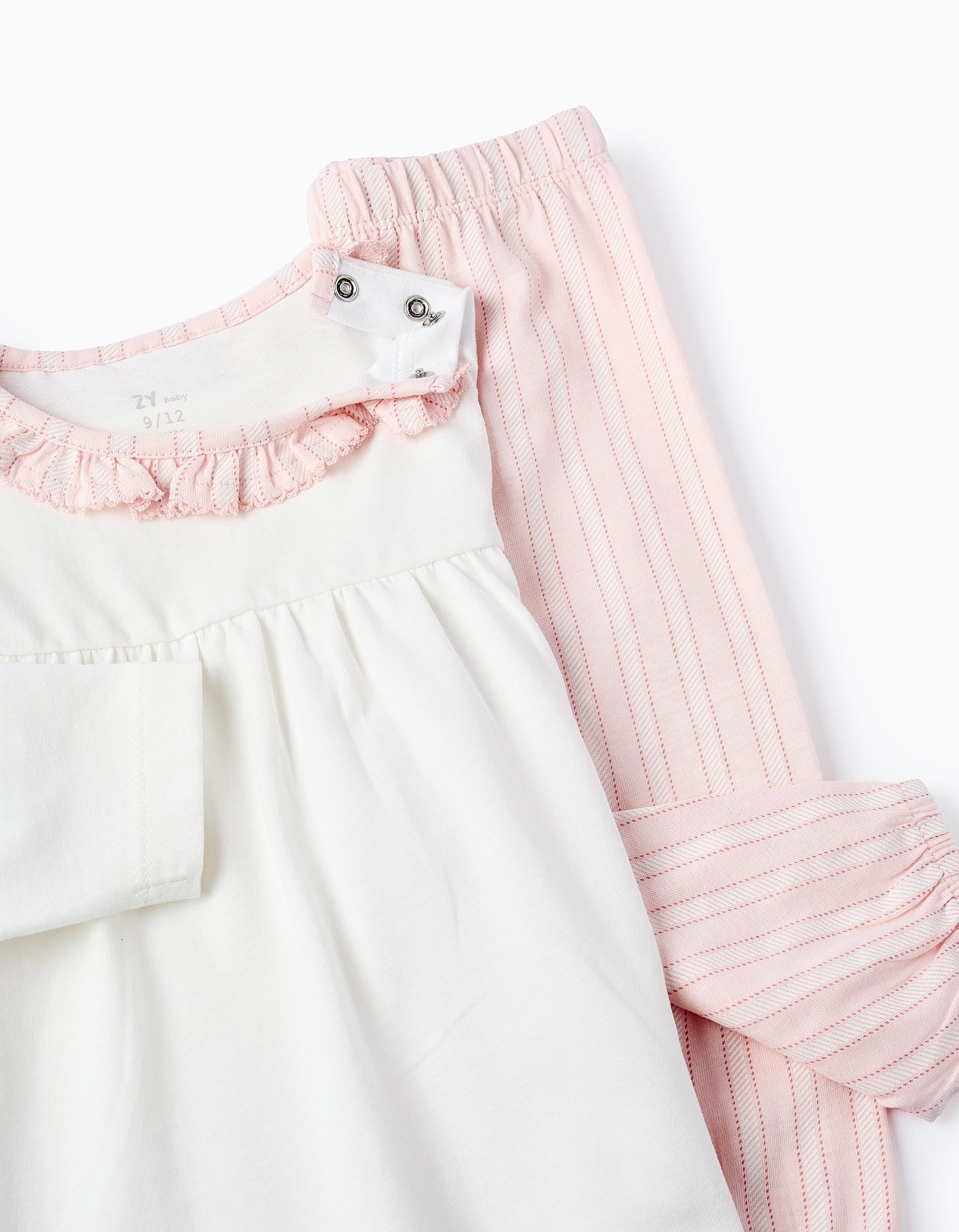 Cotton Pyjama with Frills and Stripes for Baby Girls, Pink/White