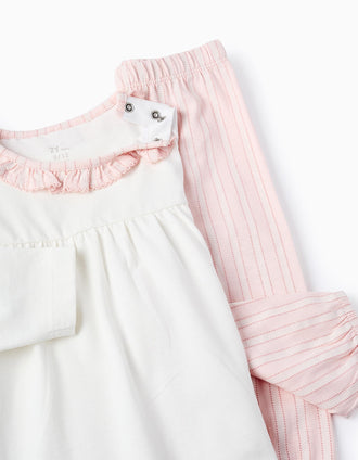 Pijama de Algodão com Folhos e Riscas para Bebé Menina, Rosa/Branco
