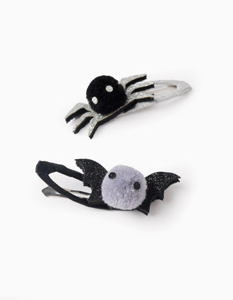 Pack 2 Horquillas para Bebé y Niña 'Araña & Murciélago', Negro/Plateado