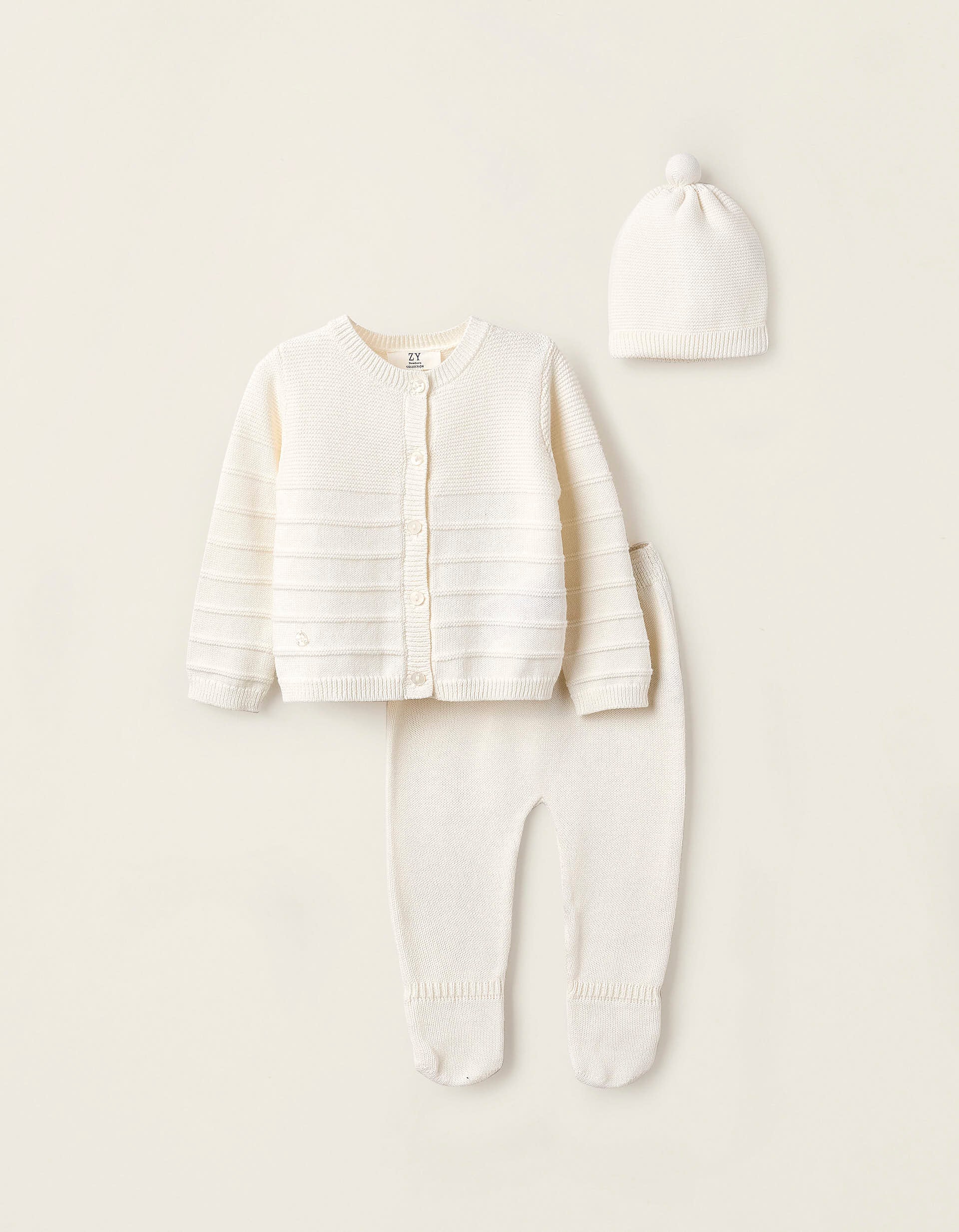 Cardigan + Trousers + Beanie in Knit for Newborns, White