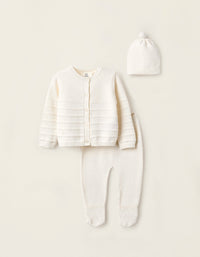 Casaco + Calças + Gorro de Malha para Recém-Nascido, Branco