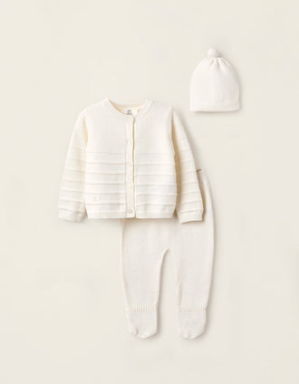 Casaco + Calças + Gorro de Malha para Recém-Nascido, Branco