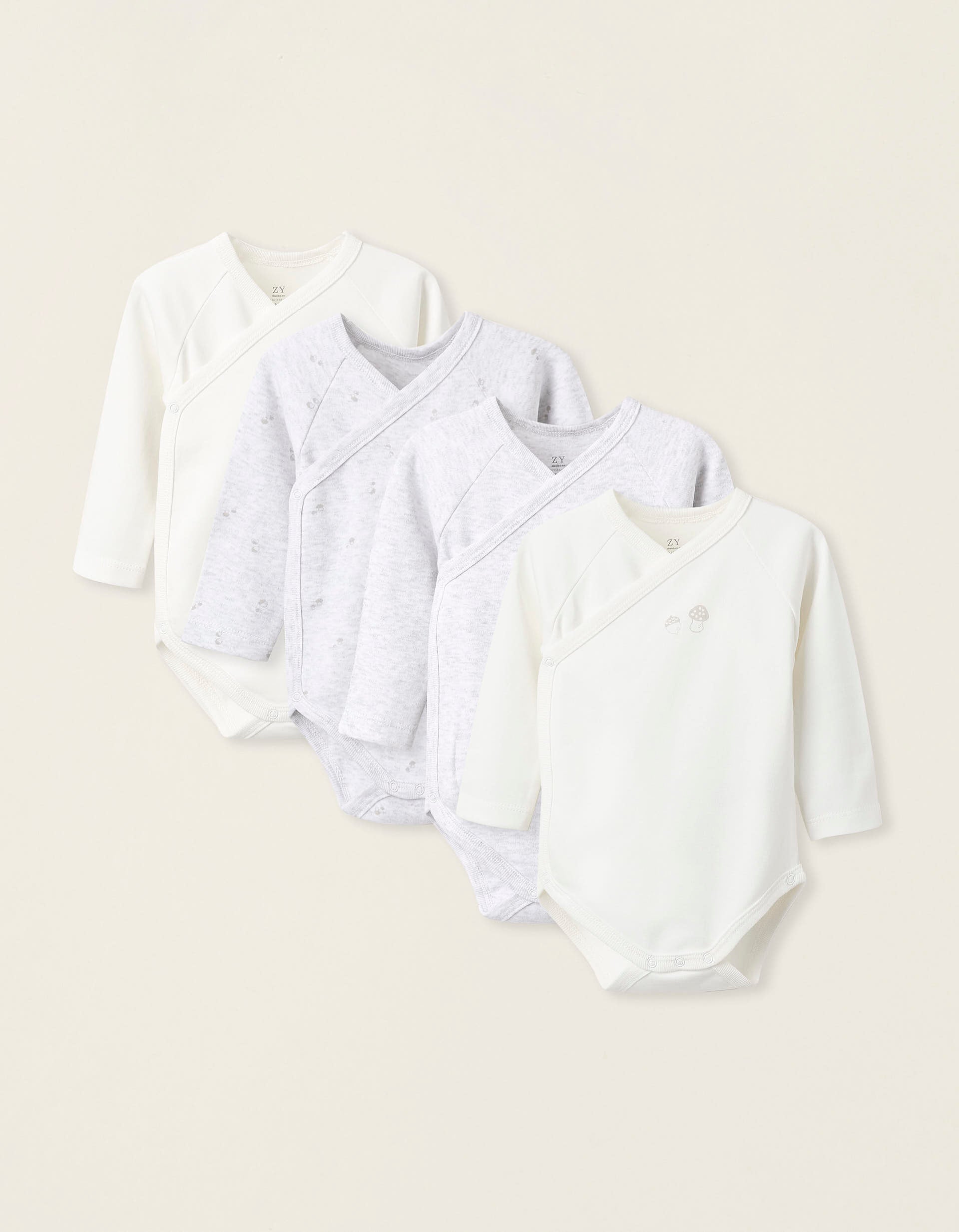 Pack of 4 Long Sleeve Bodysuits for Babies 'Mushrooms', White/Grey