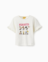 Camiseta de Algodón con Volantes para Niña 'Peanuts', Blanco