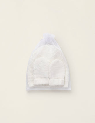Pack Bonnet + Moufles en Maille pour Nouveau-née, Blanc