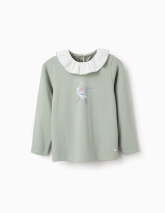 Camiseta de Manga Larga con Volantes para Niña 'Pajarito', Verde