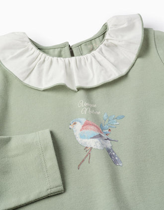 Camiseta de Manga Larga con Volantes para Niña 'Pajarito', Verde