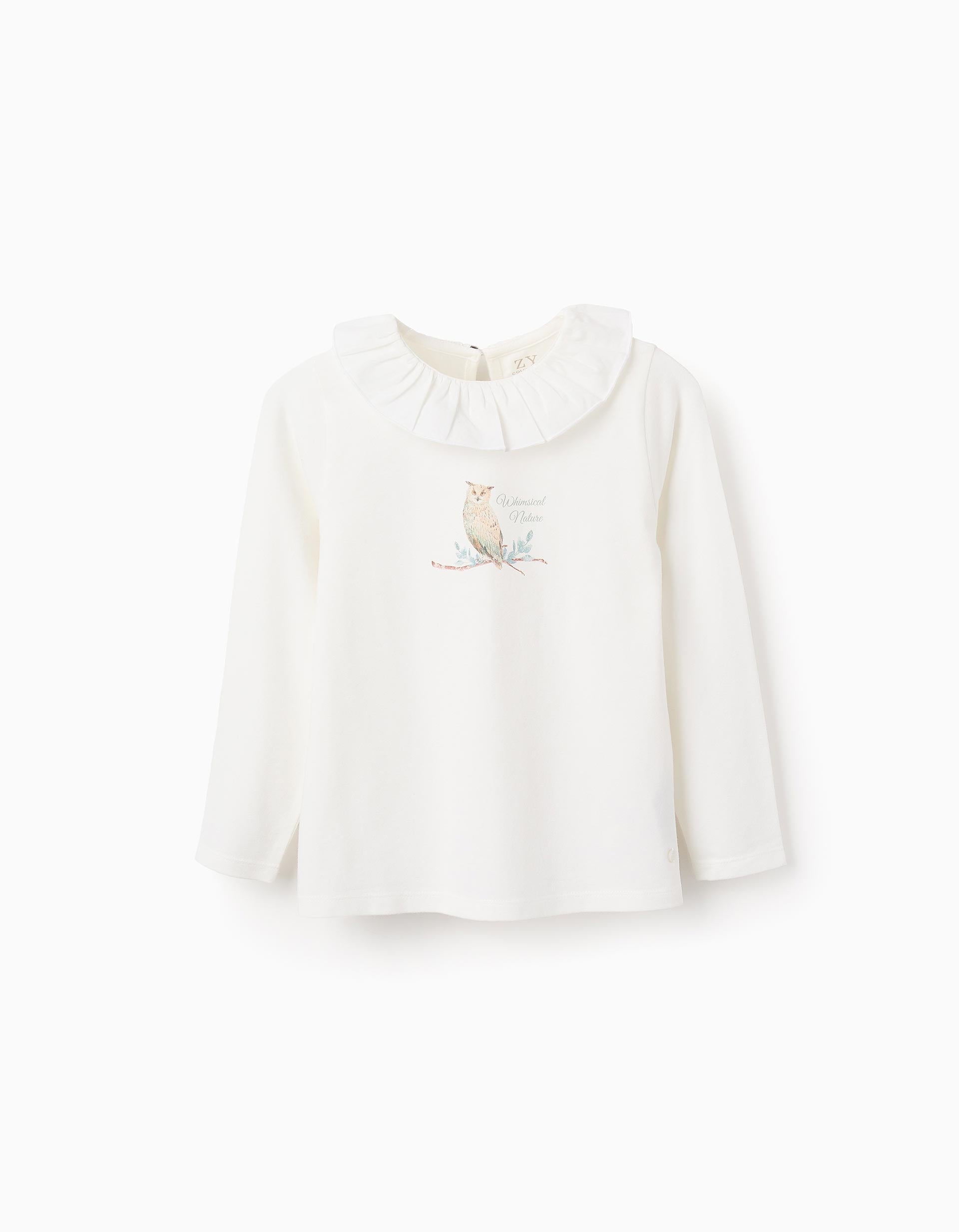 T-shirt à Manches Longues avec Volants pour Fille 'Hibou', Blanc