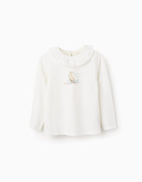 T-shirt à Manches Longues avec Volants pour Fille 'Hibou', Blanc
