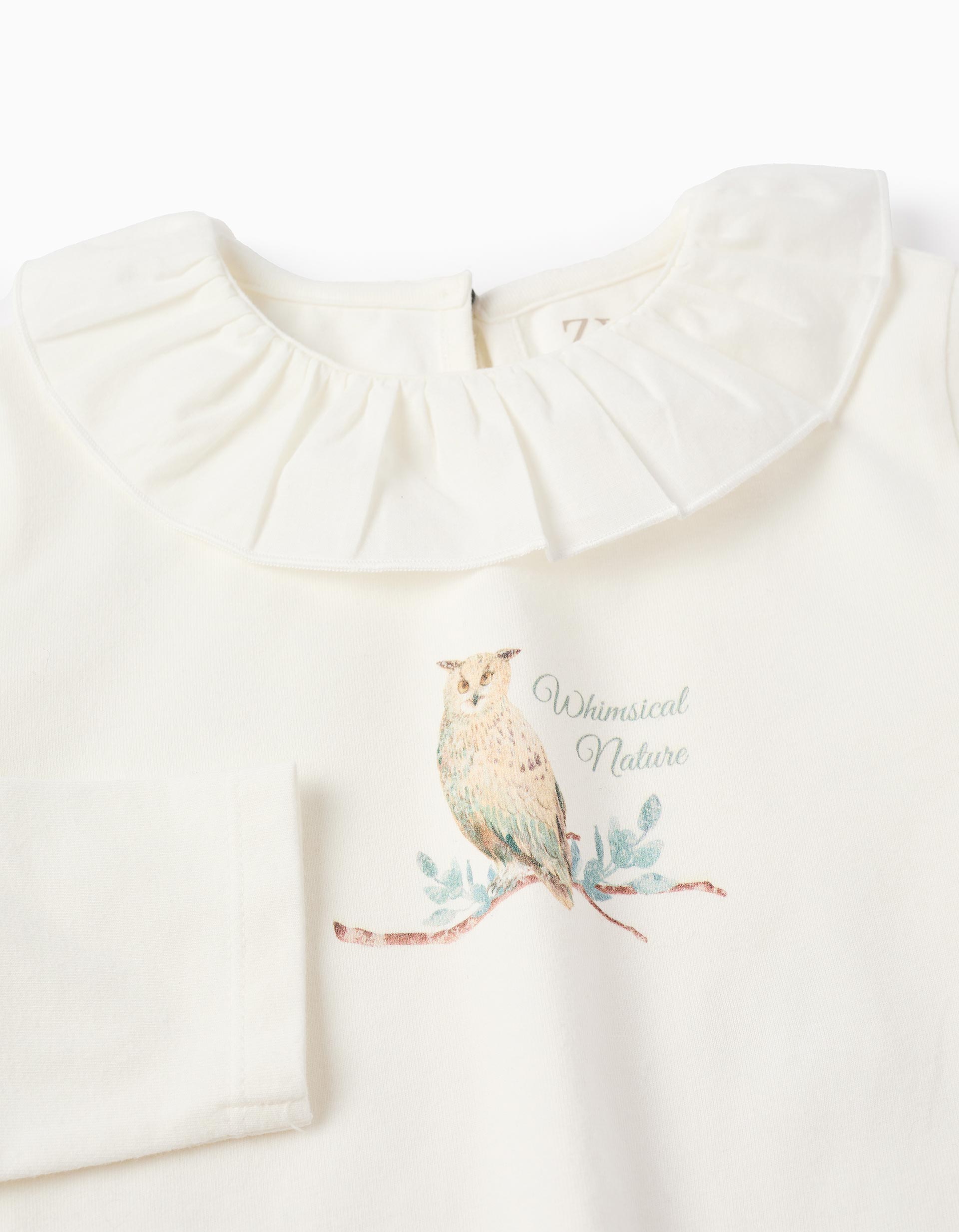 T-shirt à Manches Longues avec Volants pour Fille 'Hibou', Blanc