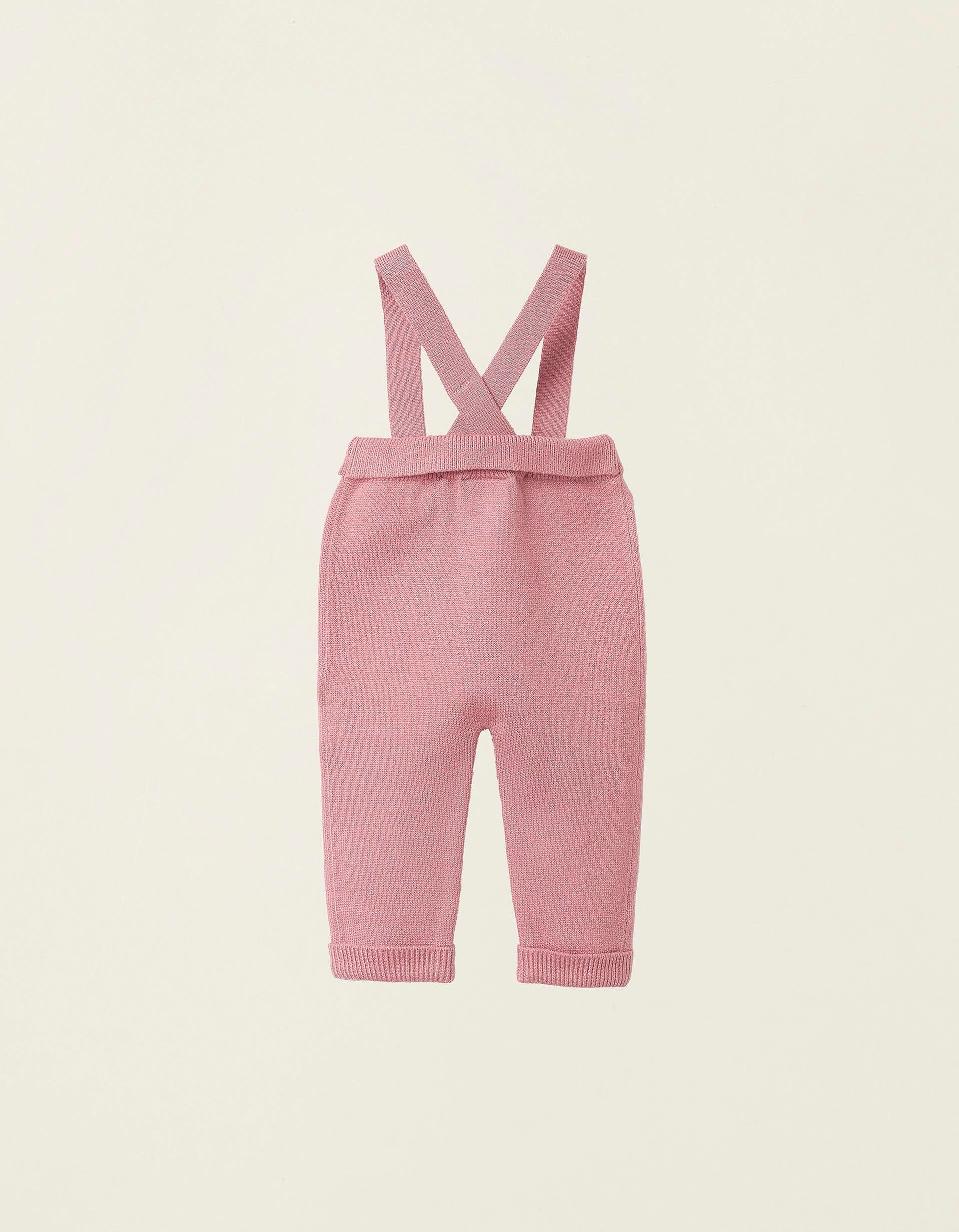 Knitted Trousers with Removable Straps for Newborn Girls, Pink