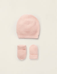 Pack Bonnet + Moufles en Maille pour Nouveau-née, Rose