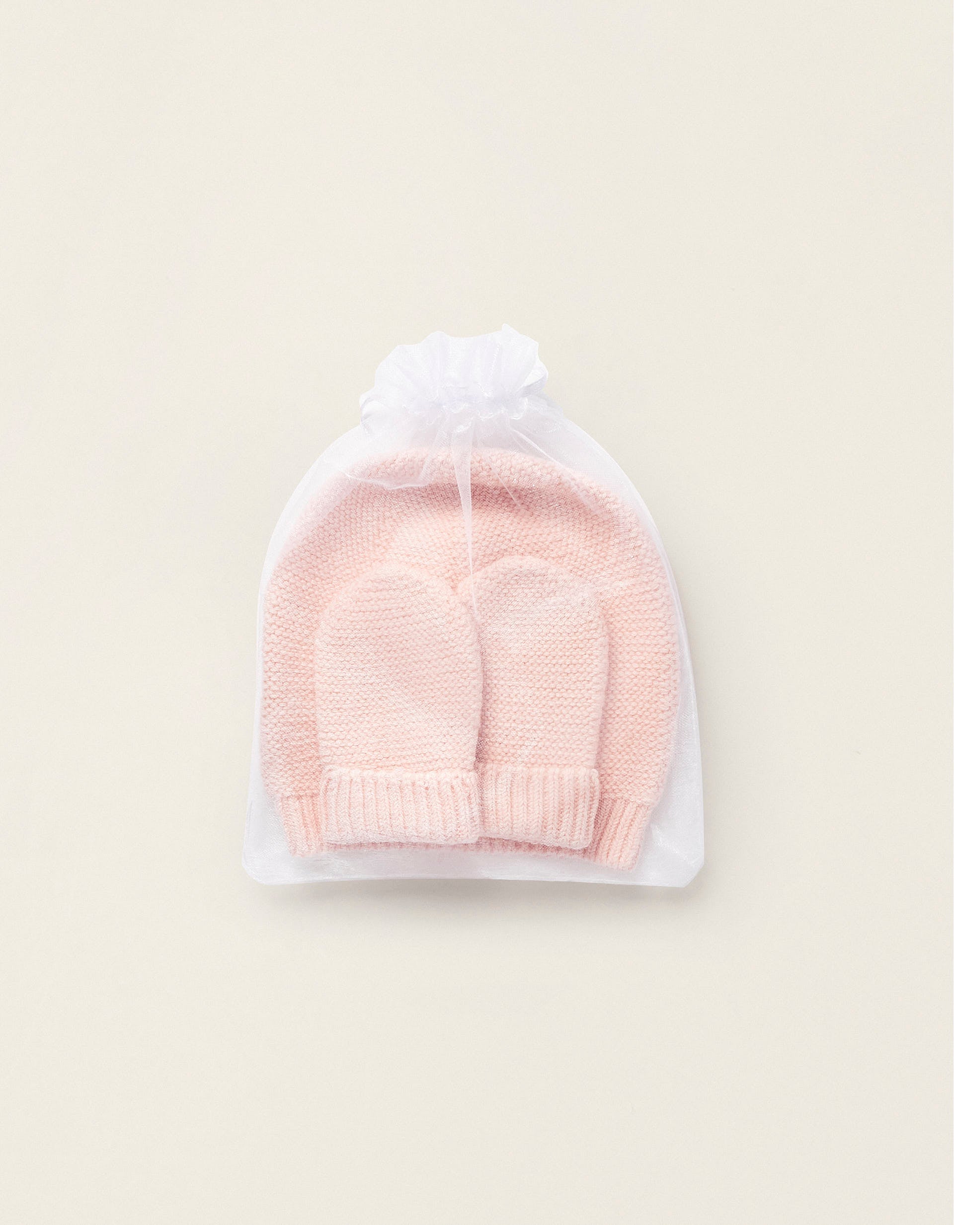 Pack Bonnet + Moufles en Maille pour Nouveau-née, Rose