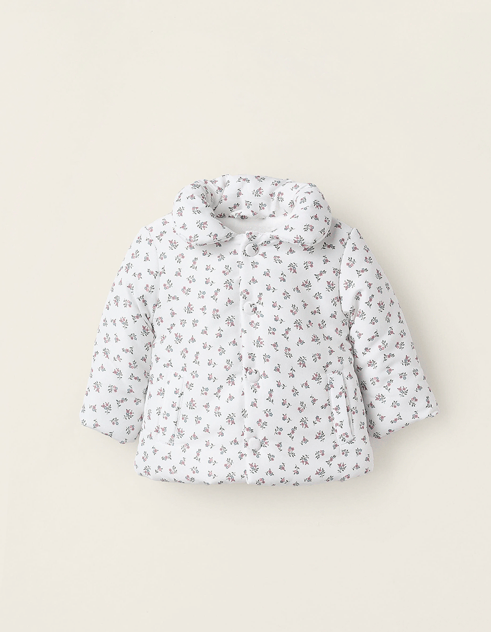 Floral Padded Jacket with Removable Hood for Newborn Girls, White