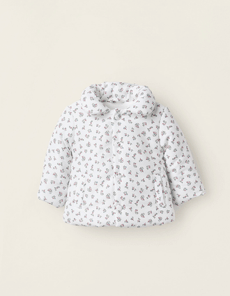 Floral Padded Jacket with Removable Hood for Newborn Girls, White