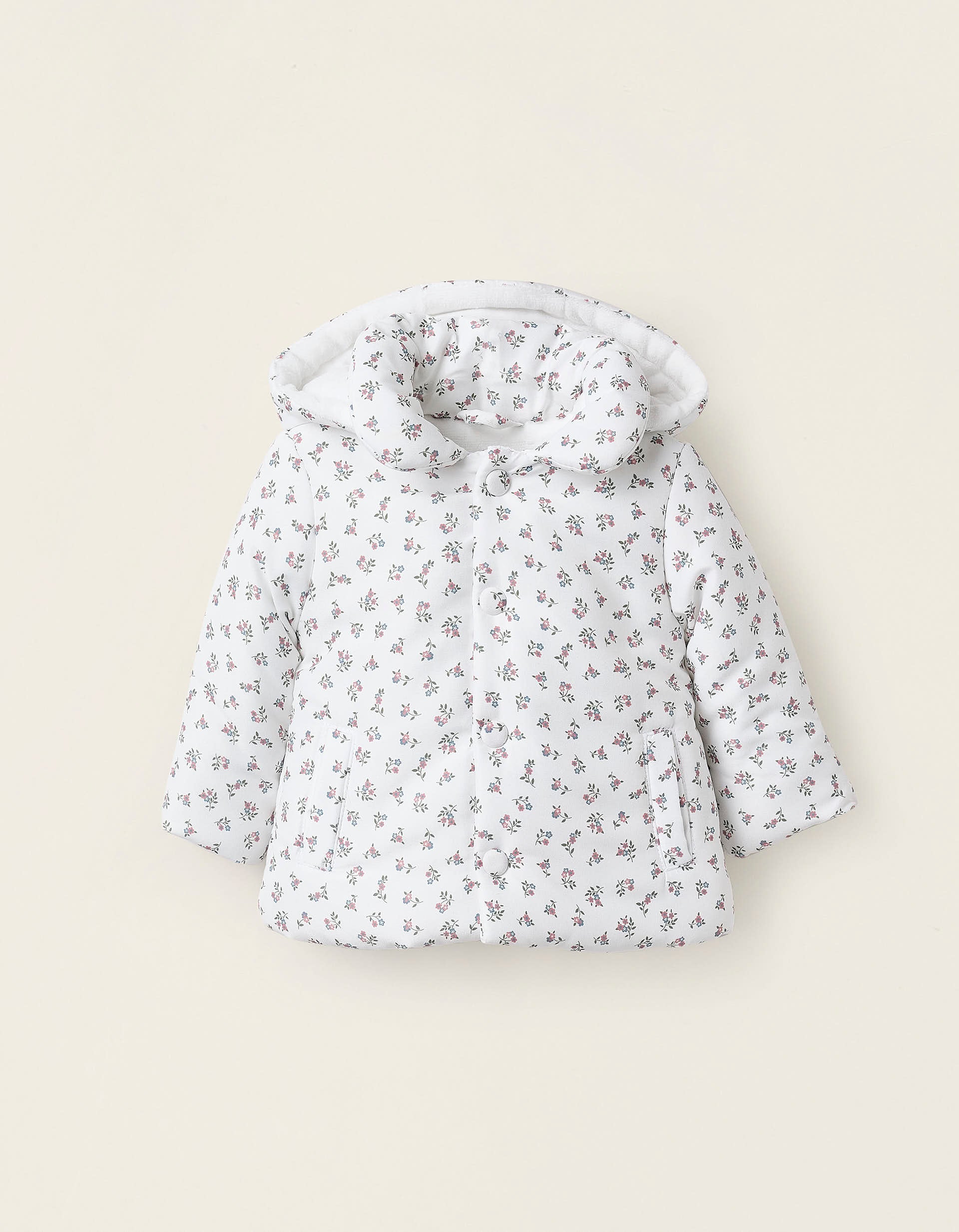 Floral Padded Jacket with Removable Hood for Newborn Girls, White