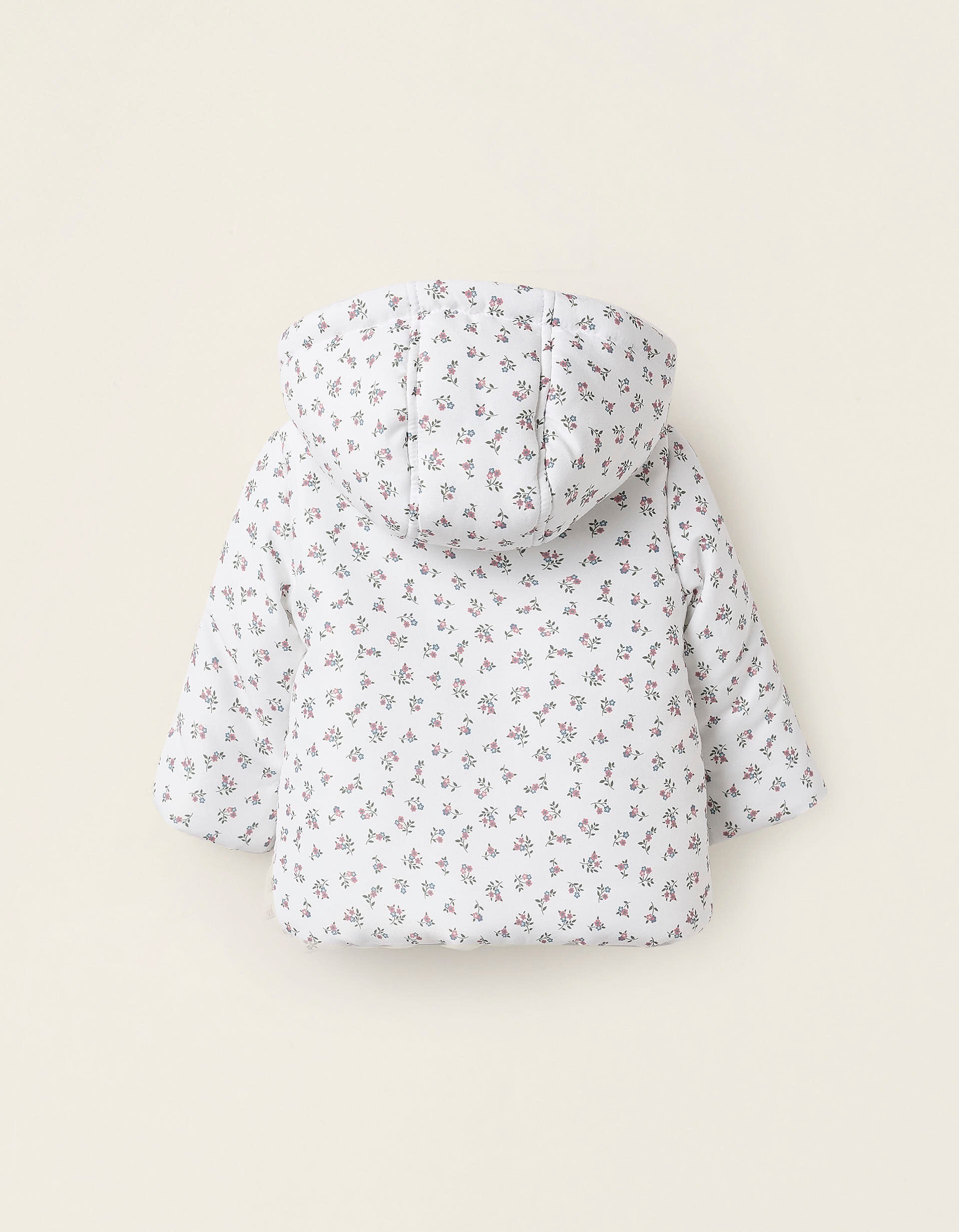 Floral Padded Jacket with Removable Hood for Newborn Girls, White